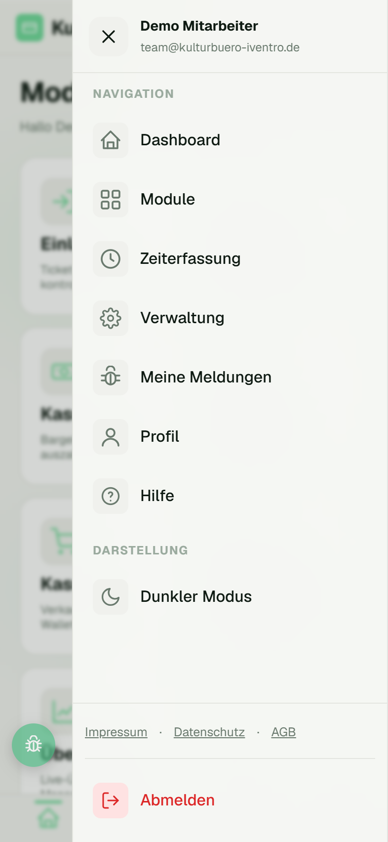 Menü mit Umschalter für den Dunkelmodus