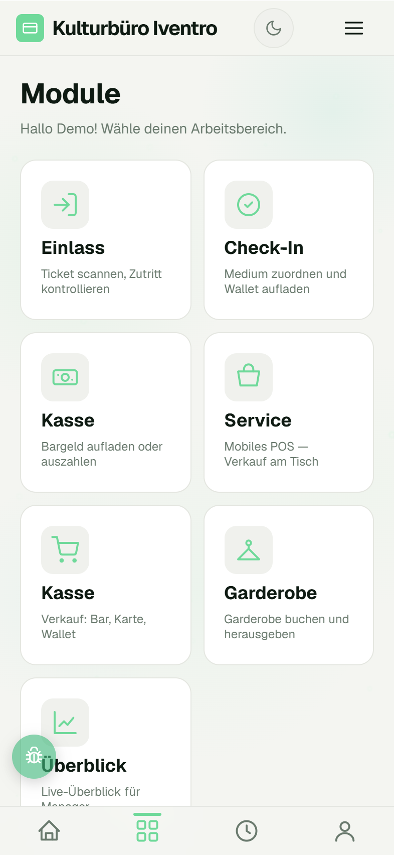 Kachel-Grid und untere Leiste