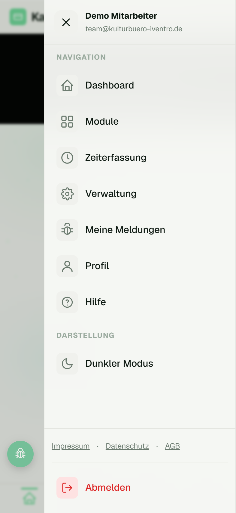 Seitenmenü der Mitarbeiter-App
