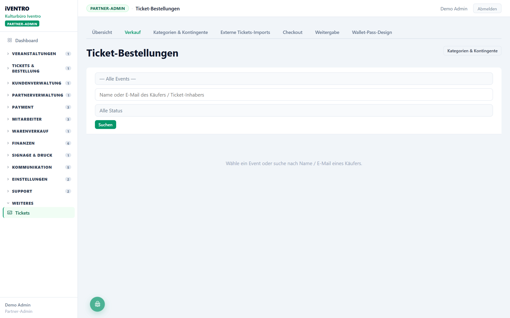 Die Bestellliste mit Filterleiste
