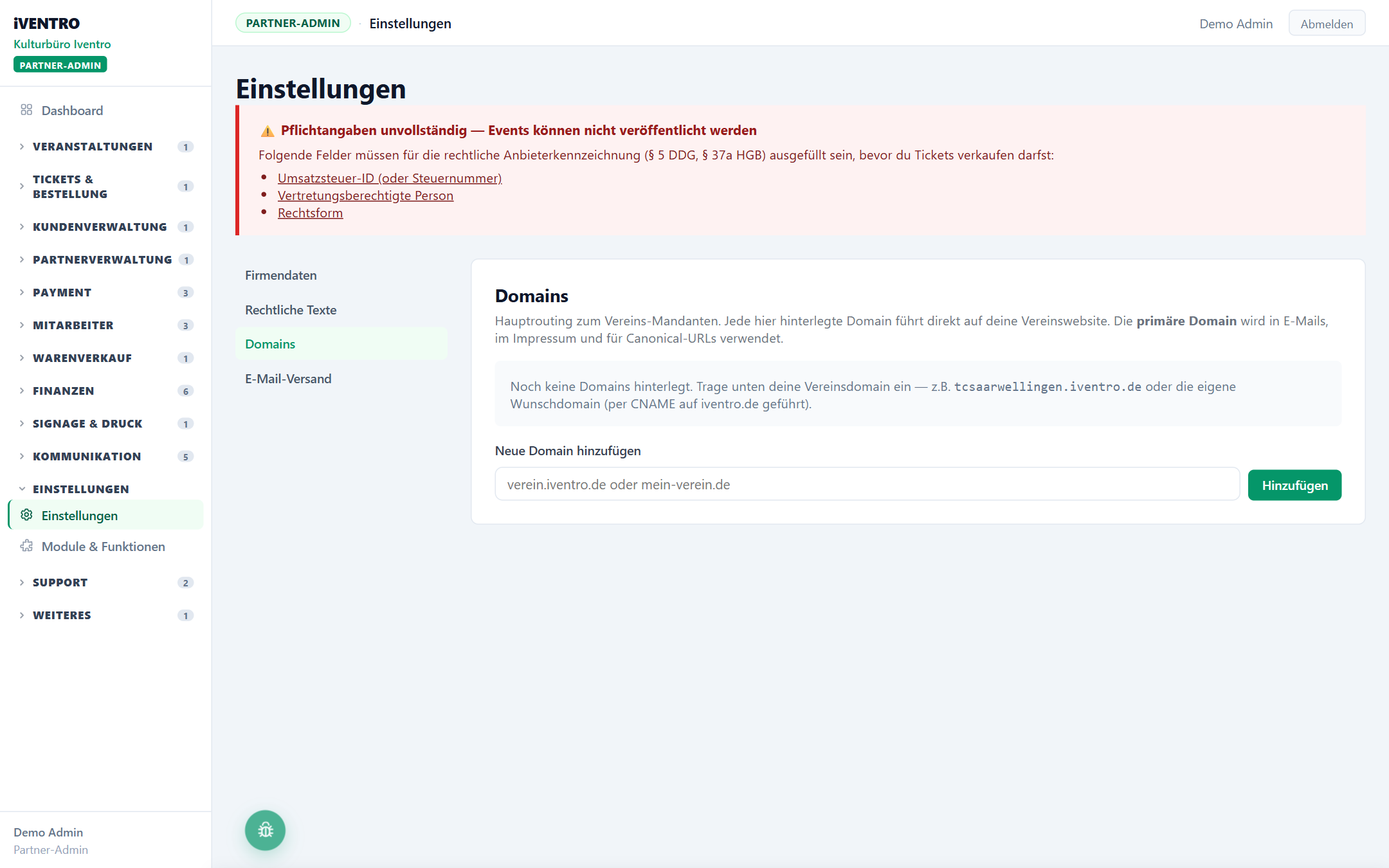 Abschnitt Domains in den Einstellungen