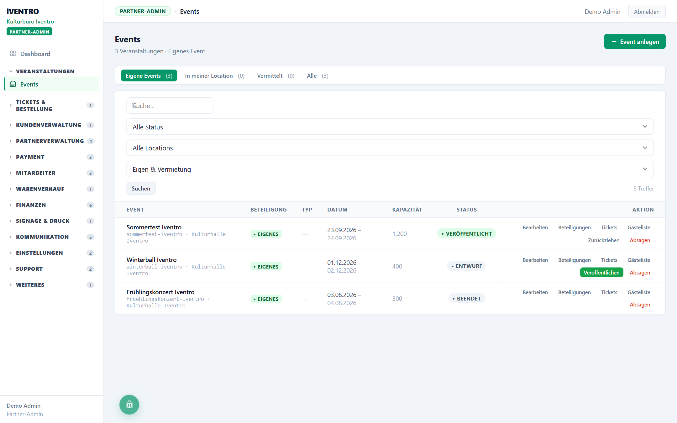 Status-Badges und Aktionen in der Event-Liste