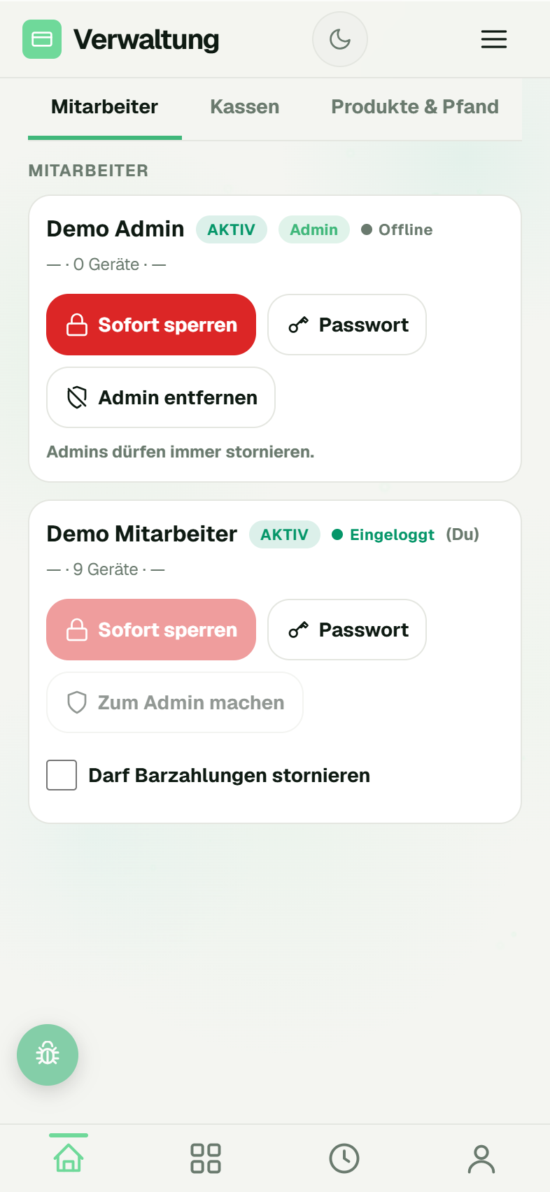 Startbildschirm der Mitarbeiter-App