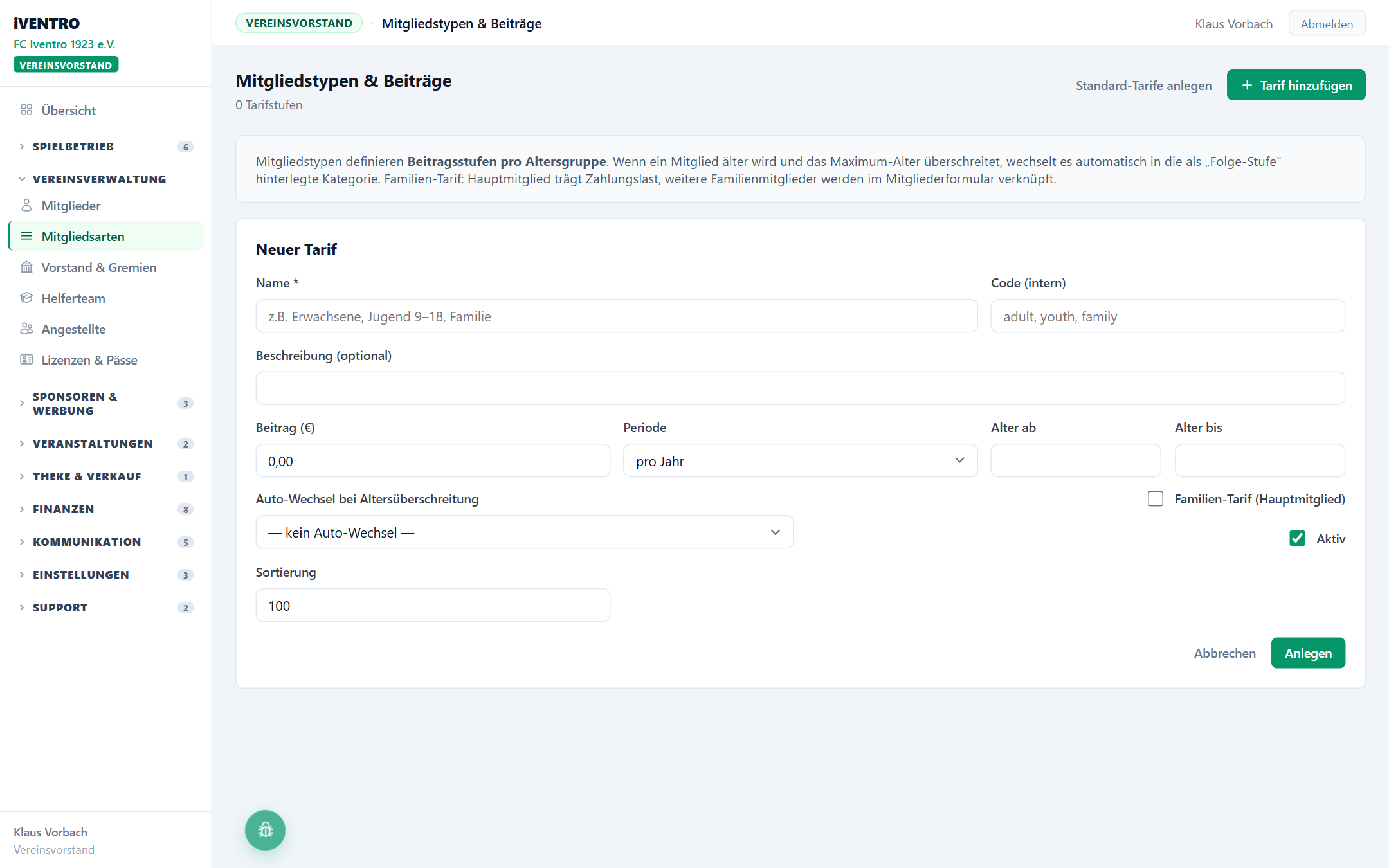 Formular Neuer Tarif
