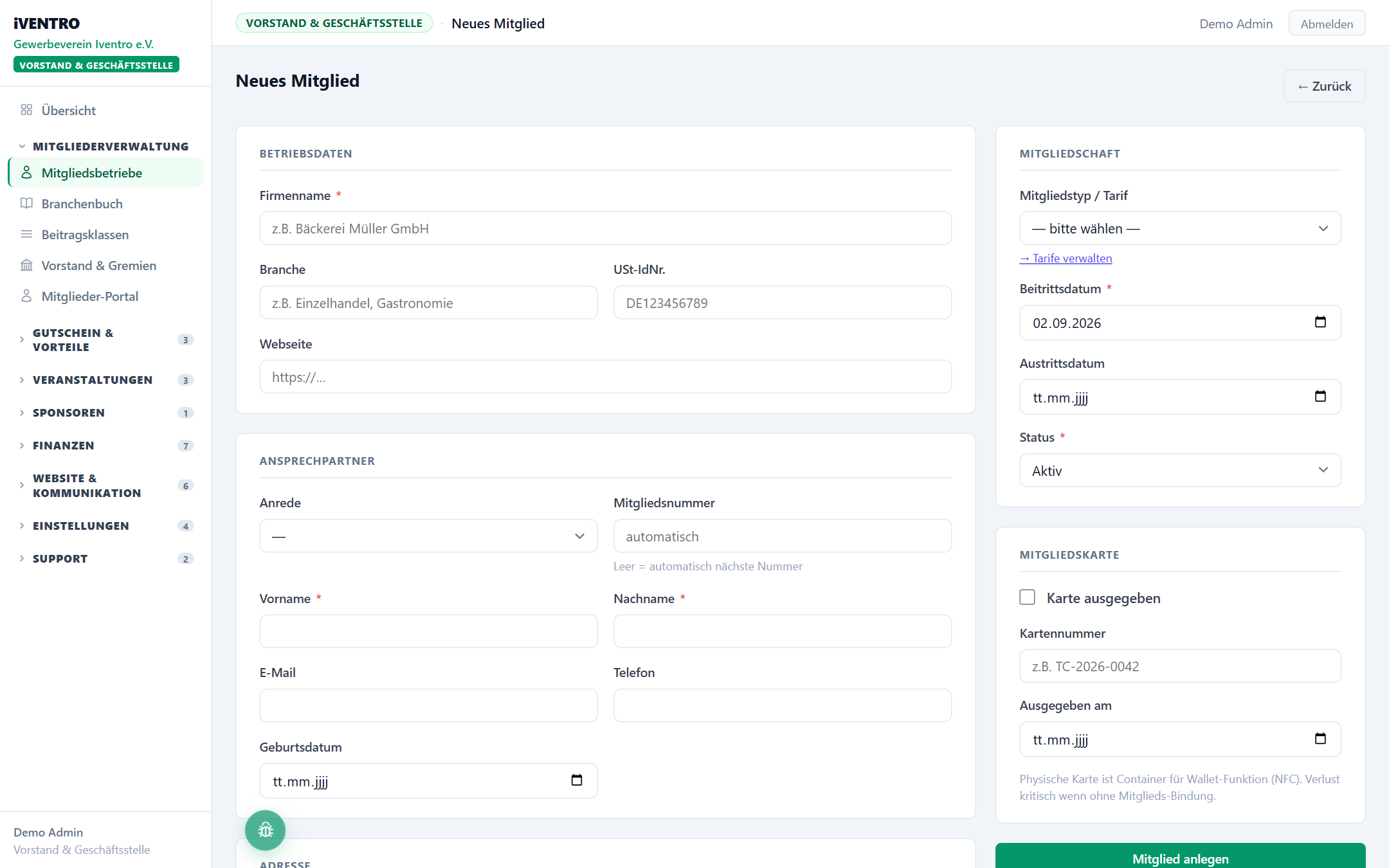 Formular mit Betriebsdaten und Ansprechpartner
