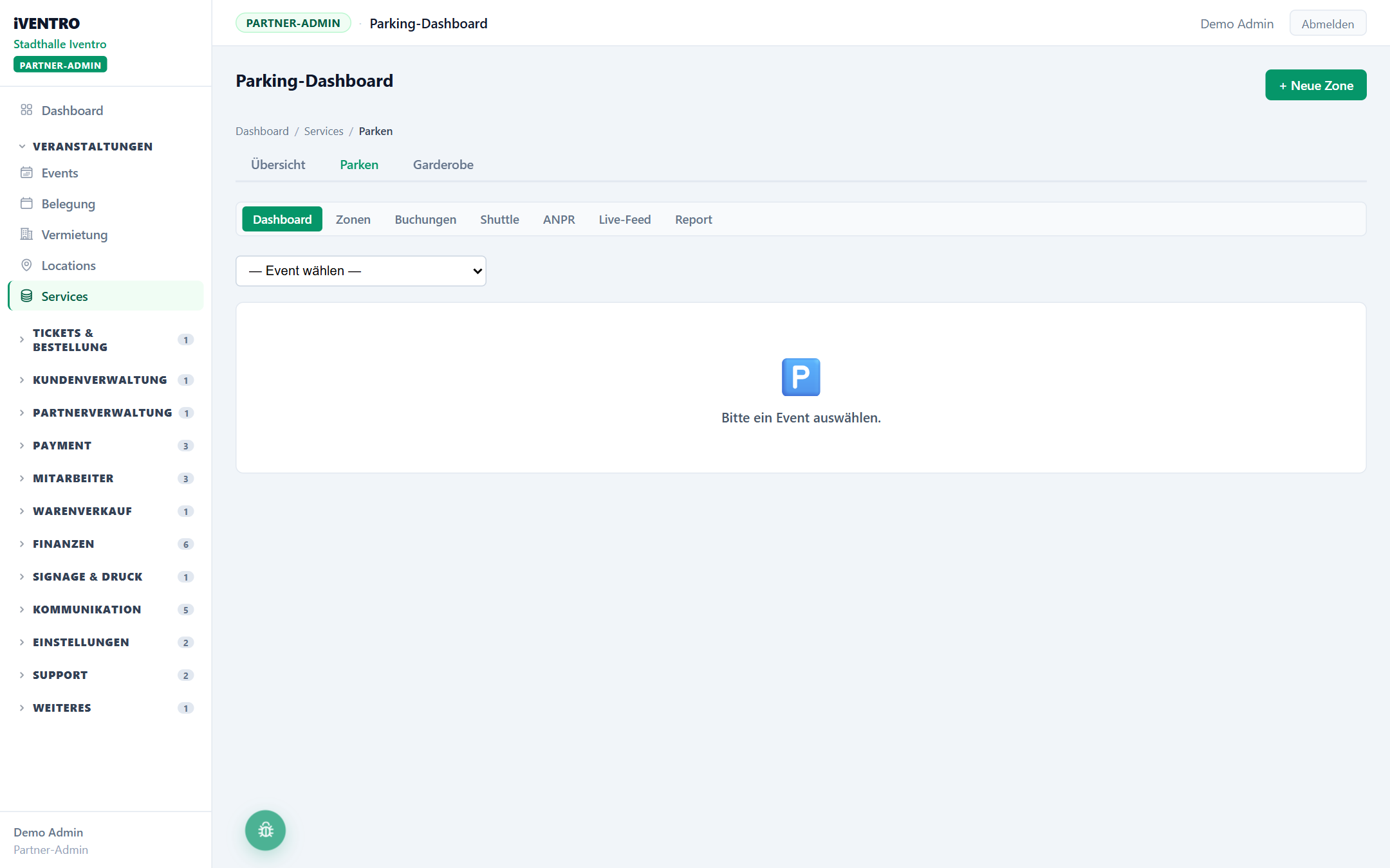 Das Parken-Dashboard während eines Events