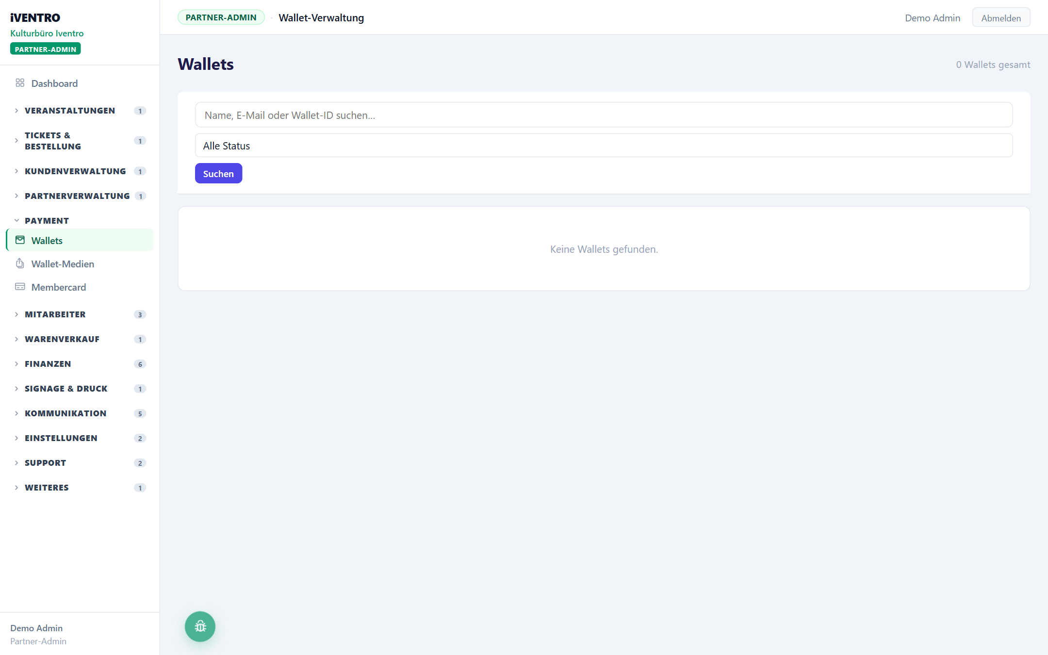 Die Wallet-Liste mit Suche und Statusfilter